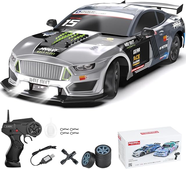 Dollox Remote Control Car 1/16 Scale RC Drift Car 2.4GHz 4WD High Speed 18+KM/H Vehicle with LED Lights and Spray, Extra Drifting Tires Racing Vehicle Toys Birthday Gifts for Adults Boys (Silver)
