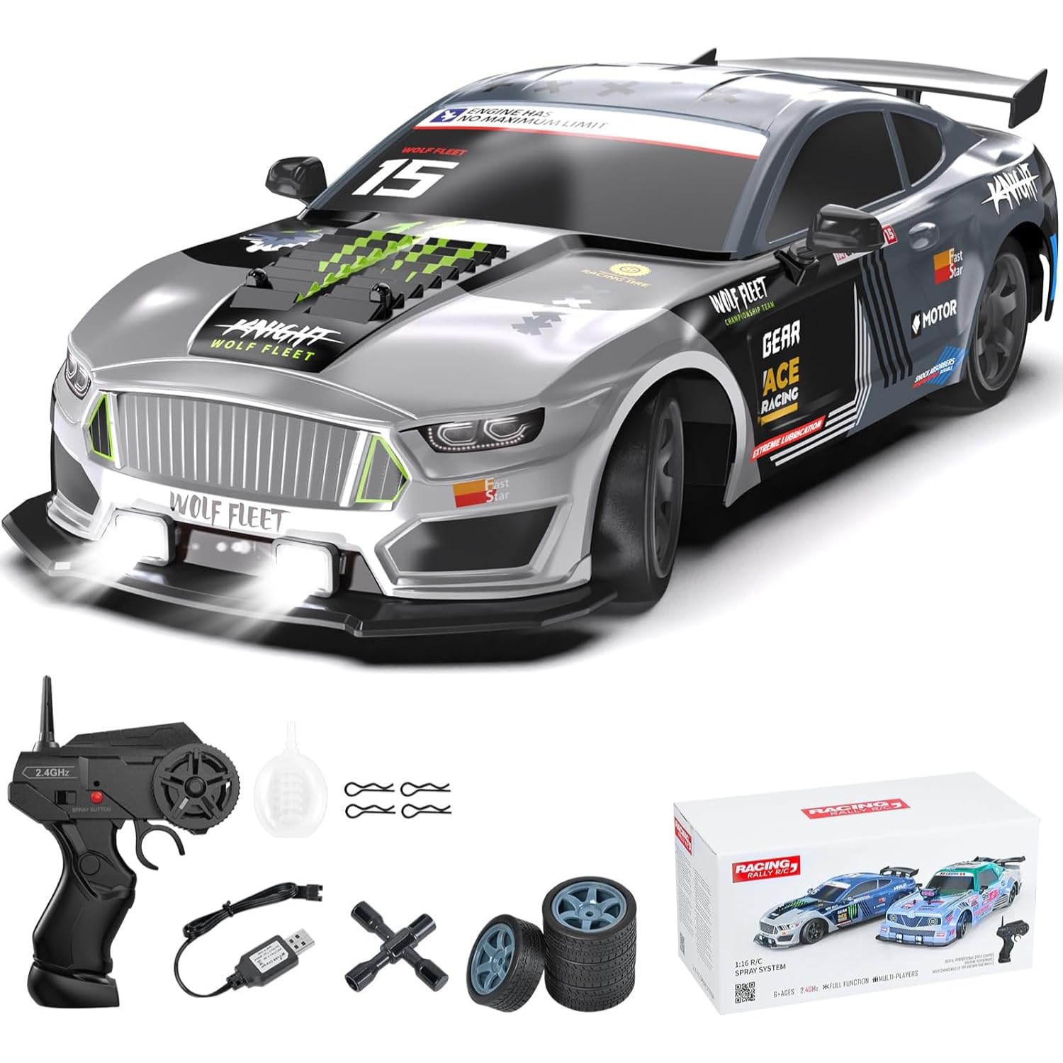 チョロ【美品】LEDライト付きグレーRCカー Amazon.com: Dollox Remote Control Car 1/16 Scale RC Drift Car 2.4