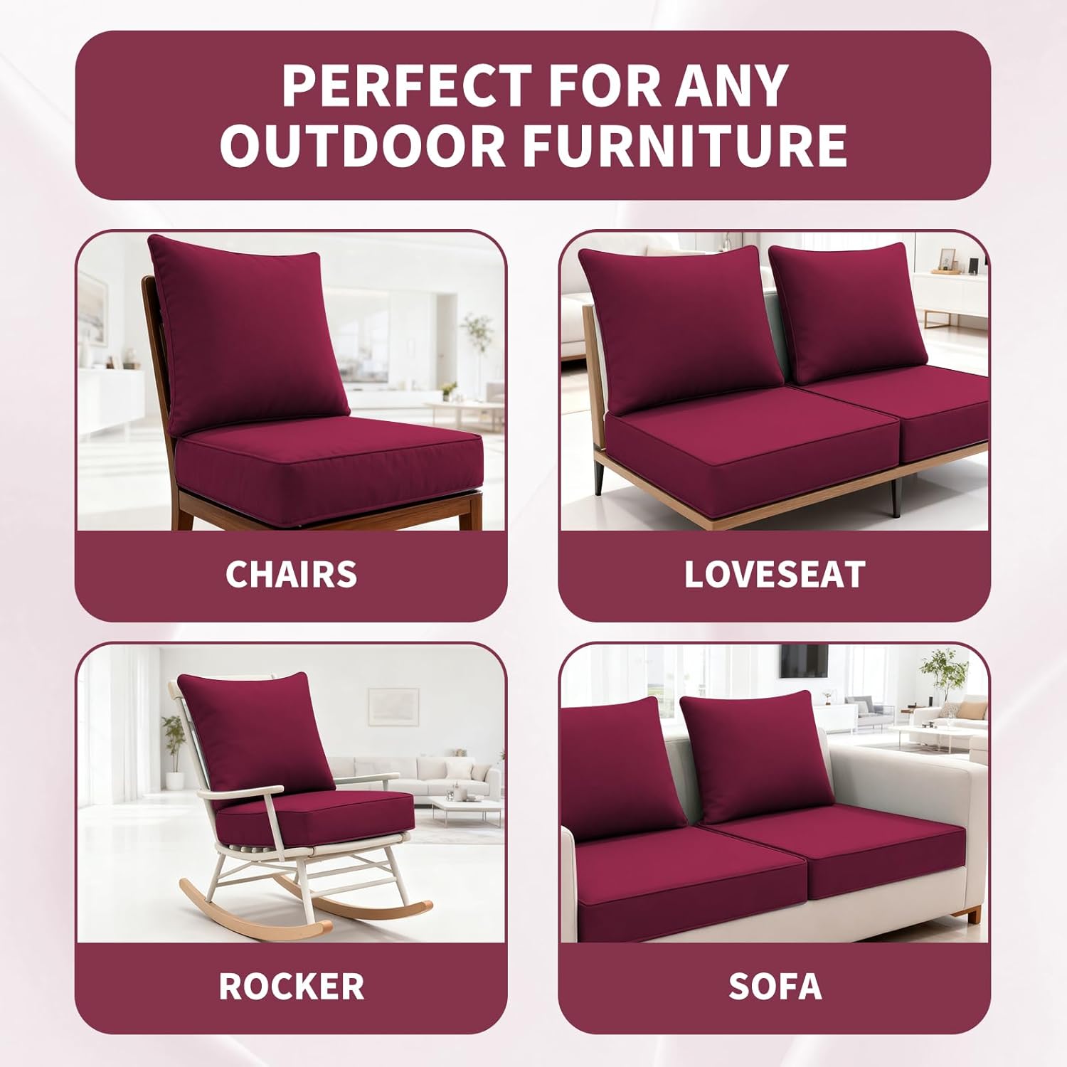 Outdoor Deep Seat Cushion Set 24 * 24 * 6.5 in Weather/Splash Proof, Fade Resistant with Removable Cover for Chairs Sofas- Burgundy Pack of 1