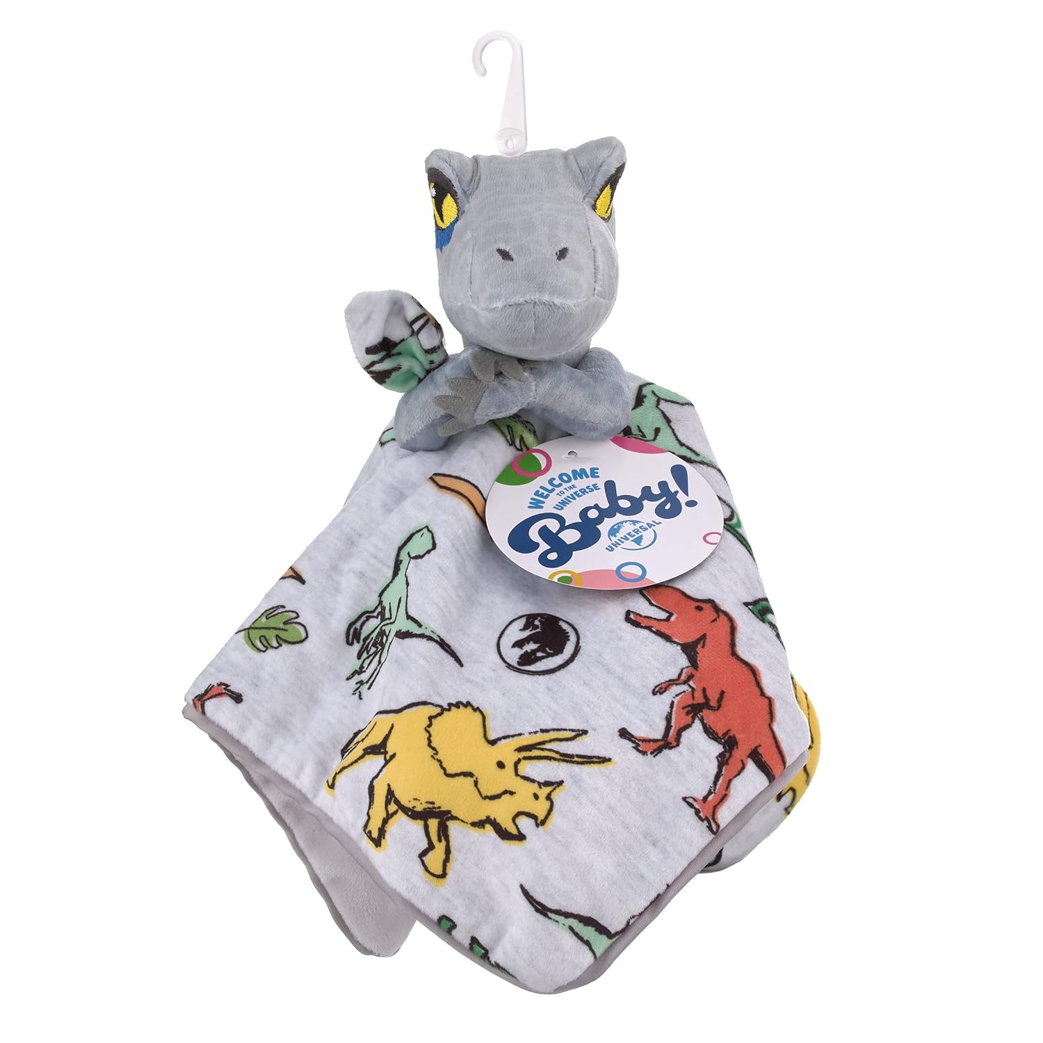 NoJo Welcome to The Universe Baby Jurassic World Grey, Green, Orange and Yellow, Grey Plush Dinosaur Raptor Security Baby Blanket