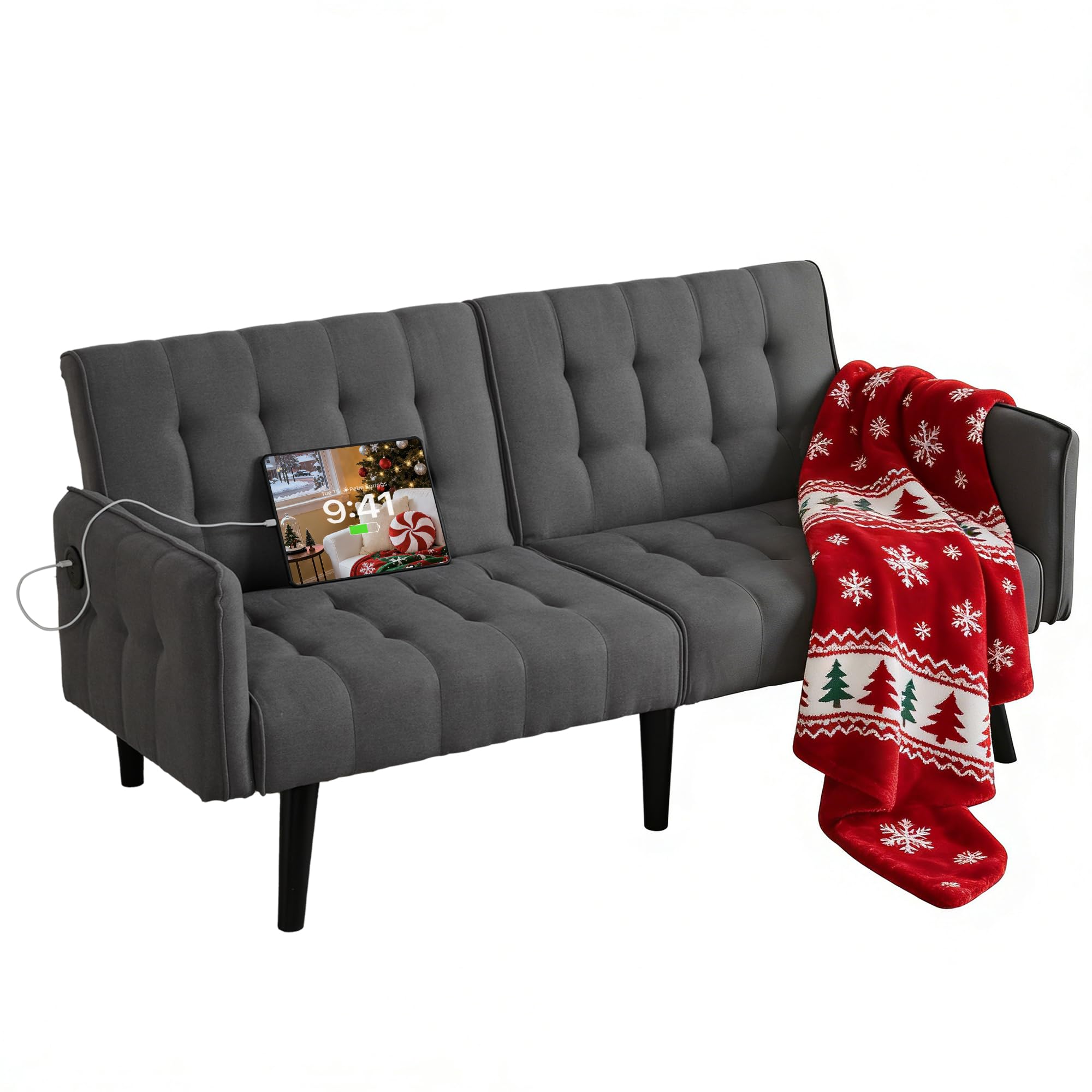 TYBOATLE 65“ Convertible Futon Sofa Bed w/ 2 USB, Upholstered Tufted Small Adjustable Folding Couch Loveseat, Modern Mid Century Sleeper Sofa for Living Room, Bedroom, Apartment, Office (Dark Grey)