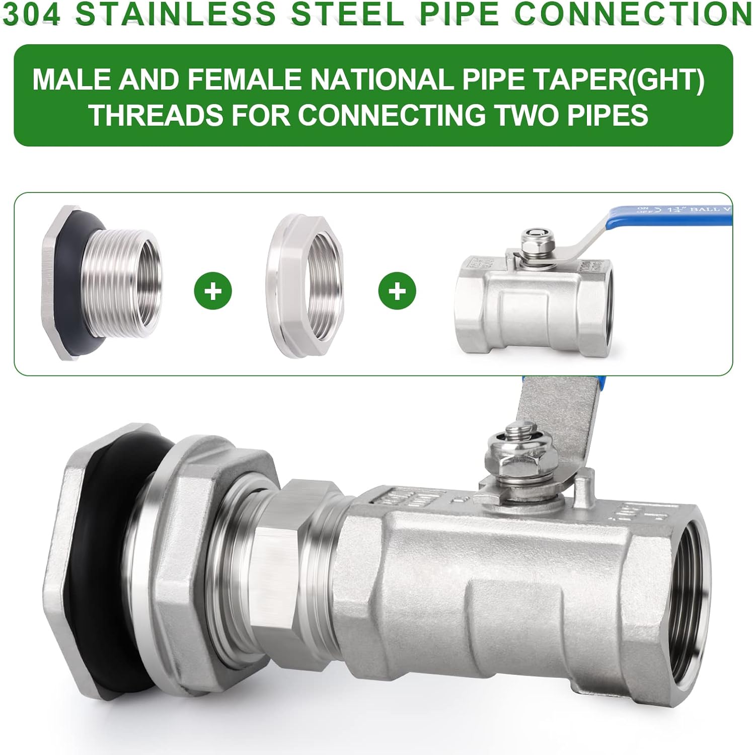 TAISHER 5PCS 304 Stainless Steel 1'' FPT Bulkhead Tank Connector Adapter Fitting with Gasket for Water Tank, Bathtub and Sink