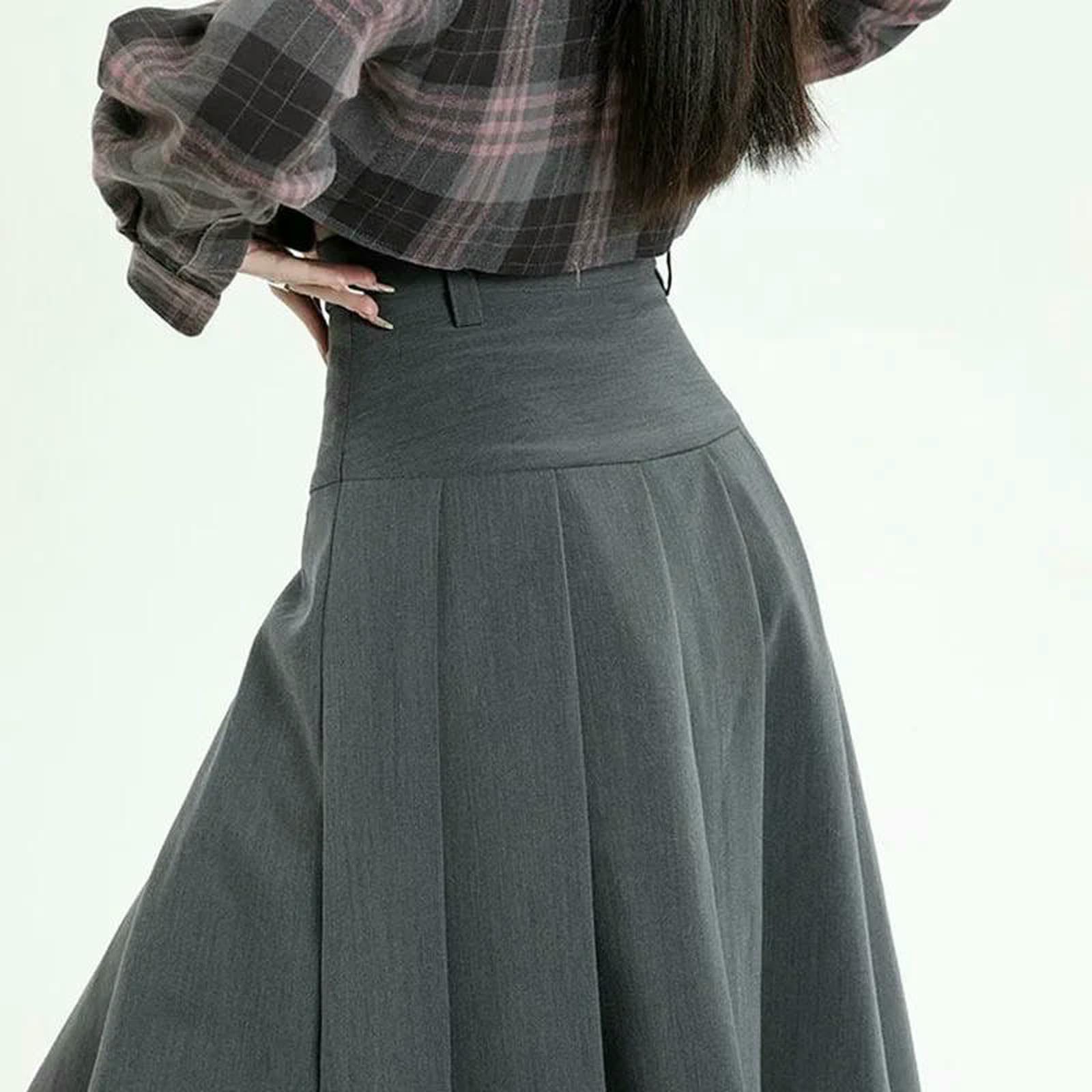 Langer Rock Damen College-Stil Frauen Faltenrock Frühling Sommer Hohe Taille Lange Röcke Frau Grau A-Linie Midi-Rock-schwarz-l