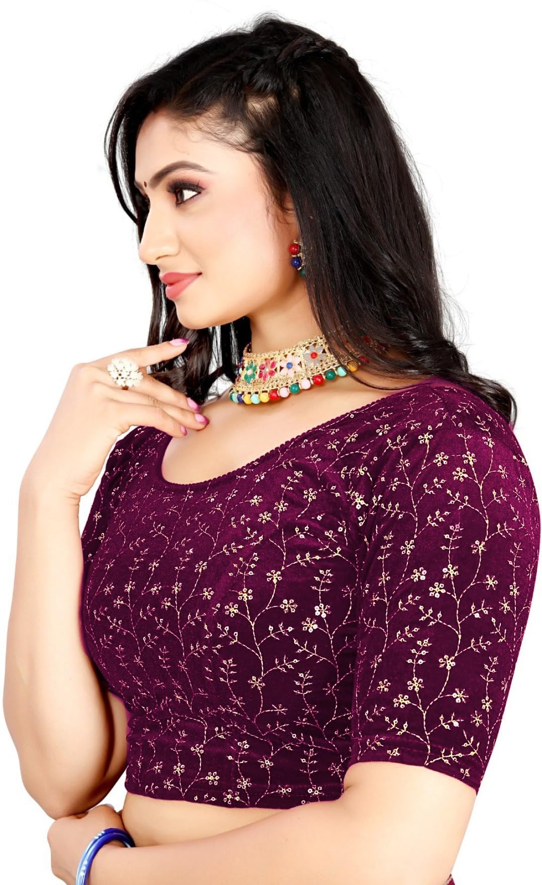 Blouse Stylish Golden Embroidery Work Blouse Stretchable Velvet Blouse New 2024 Collection Women's Saree Blouse