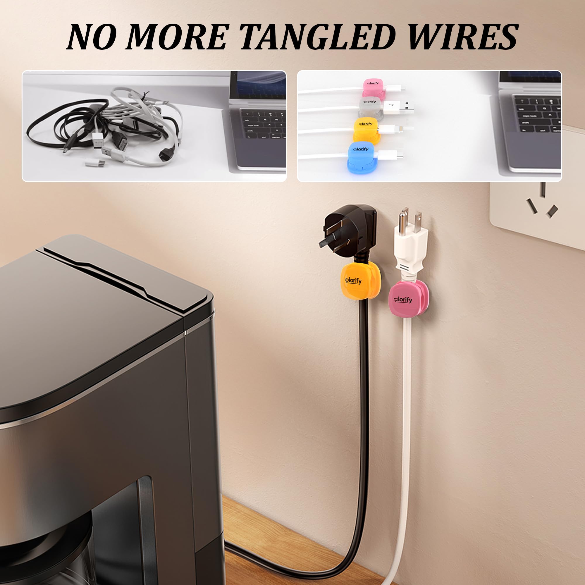 Paquete de 8 clips adhesivos para cables de escritorio, mesita de noche, laptop, clips de carga de teléfono y organizador de cables de coche para el hogar, oficina y gestión de cables de carga