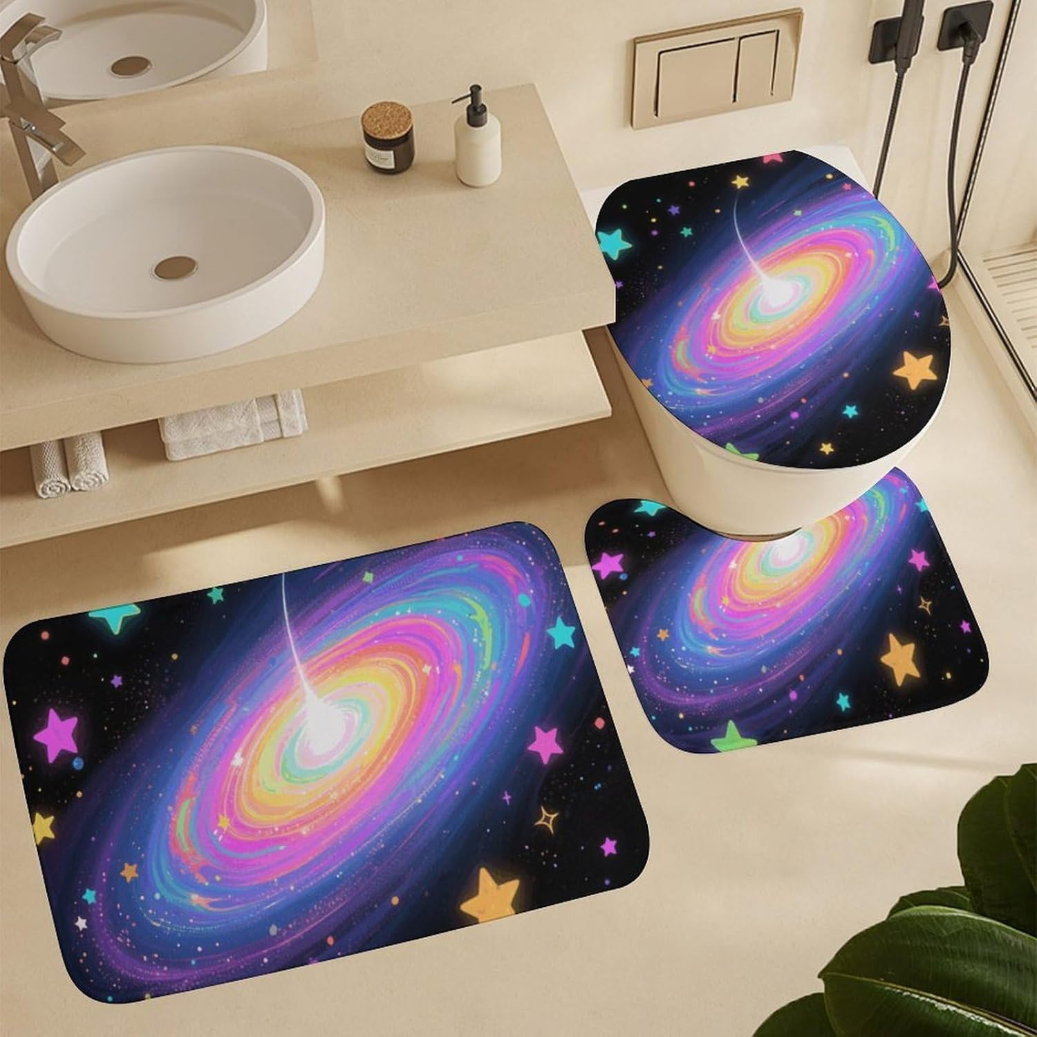 Rainbow Black Hole Shower Curtain Set 4 Piece, Non-Slip Bath Mat with Toilet Lid Cover and Waterproof Shower Curtain with 12 Hooks, Complete Bathroom Set for Home Decor