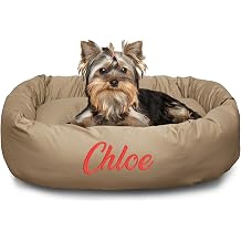 Majestic Pet Personalized 24 Inch Bagel Calming Dog Bed Washable Cozy Soft Round Dog Bed with Spine Support for Dogs to Rest Their Head - Fluffy Donut Dog Bed 24x19x7 Inch - Small Khaki