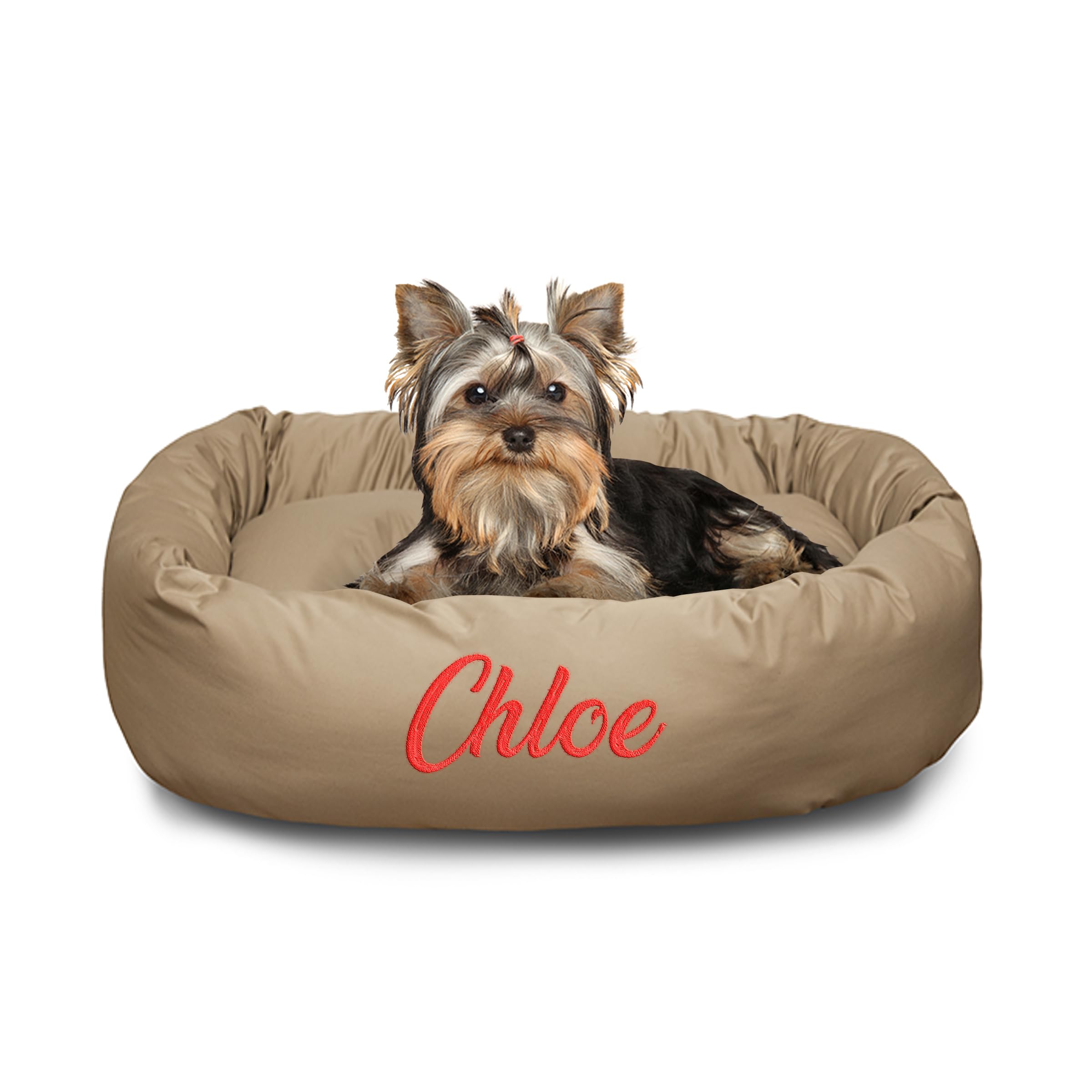 Majestic Pet Personalized 24 Inch Bagel Calming Dog Bed Washable – Cozy Soft Round Dog Bed with Spine Support for Dogs to Rest Their Head - Fluffy Donut Dog Bed 24x19x7 (Inch) - Small – Khaki