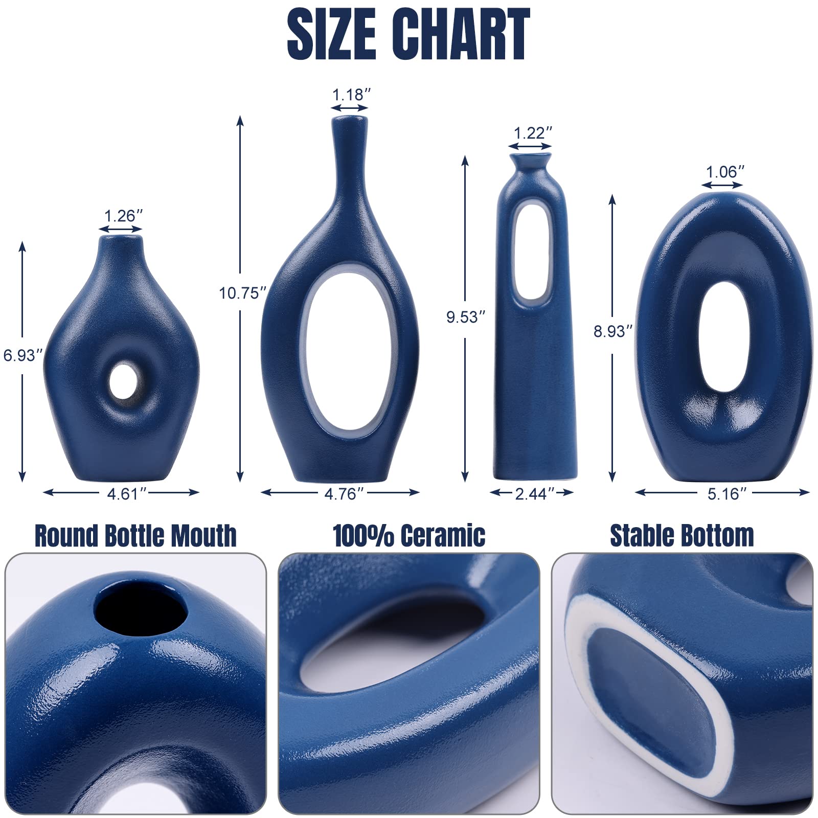 Nordic Blue Round Vase Set,4 Blaue Keramik Ovale Donut Vase, Minimalistische Moderne Wohnkultur, Matte Blue Dekorative Vase für Home Decor Büro Einweihungsgeschenk Wohnzimmer Esstisch Pampasgras Dekor