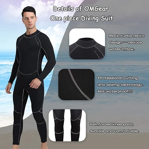 Vista 2 de OMGear Traje de neopreno para hombres y mujeres, 0.118 in, cuerpo completo, protección UV, una pieza, manga larga, trajes de buceo, traje de baño