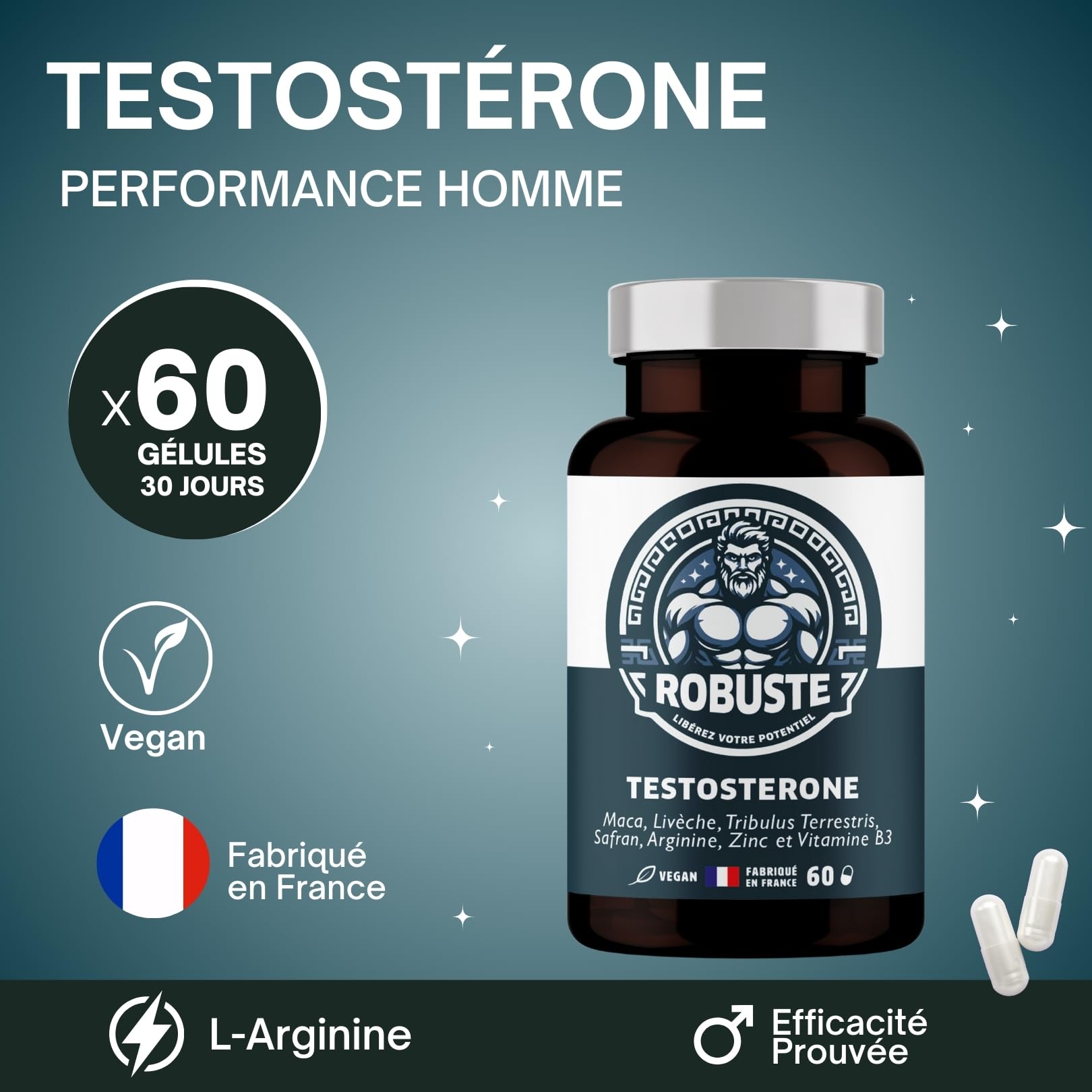 ROBUSTE Testostérone Performance et Circulation sanguine - L-Arginine, Tribulus, Maca, Ashwaganda, Zinc - Complément alimentaire naturel pour homme - Fabriqué en France - Cure 1 mois, 60 comprimés.