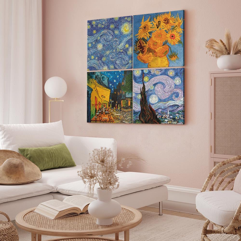 murando - Set di 4 Quadri Fonoassorbenti Vincent van Gogh Notte Stellata e Girasoli 80x80 cm Ciascuno delle Dimensioni di 40x40 cm 4 Pezzi - Quadro Acustico Stampa su Tela Camerretta l-B-0002-b-i