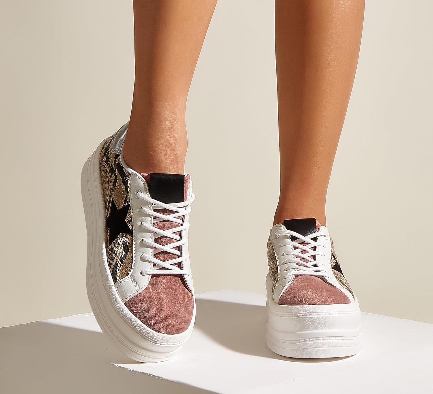 BELOS Fashion Platform Women Sneakers Faux Suede Stars Holographic Rainbow Walking Shoes - Image 6