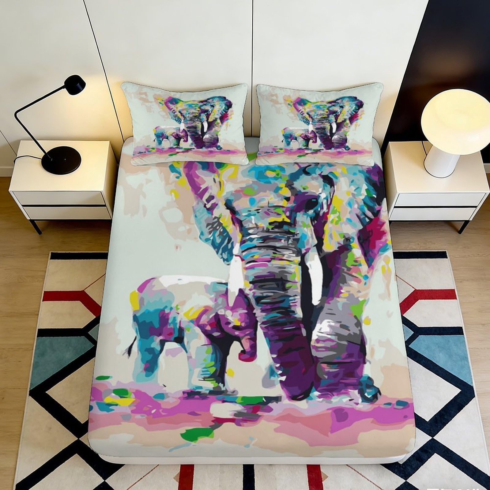 K1r3d9e5 Style-2 3D Printed Colorful Elephant Fitted Sheet Microfiber Artistic Animal Bed Cover For Bedroom Guest Room Mattress Protection 90X200x25cm