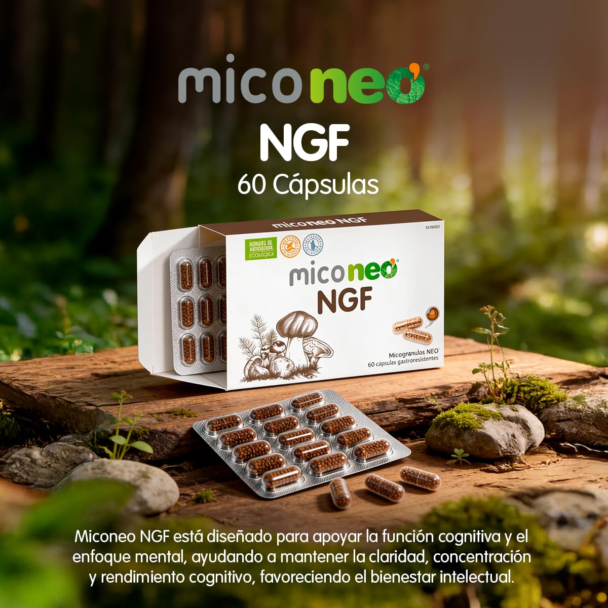 MICO NEO | NGF | 60 Cápsulas | Favorece el Rendimiento Cognitivo | Con Bacopa, Melena de león, Reishi, Cordyceps y Camu-Camu | Hongos de Agricultura Ecológica