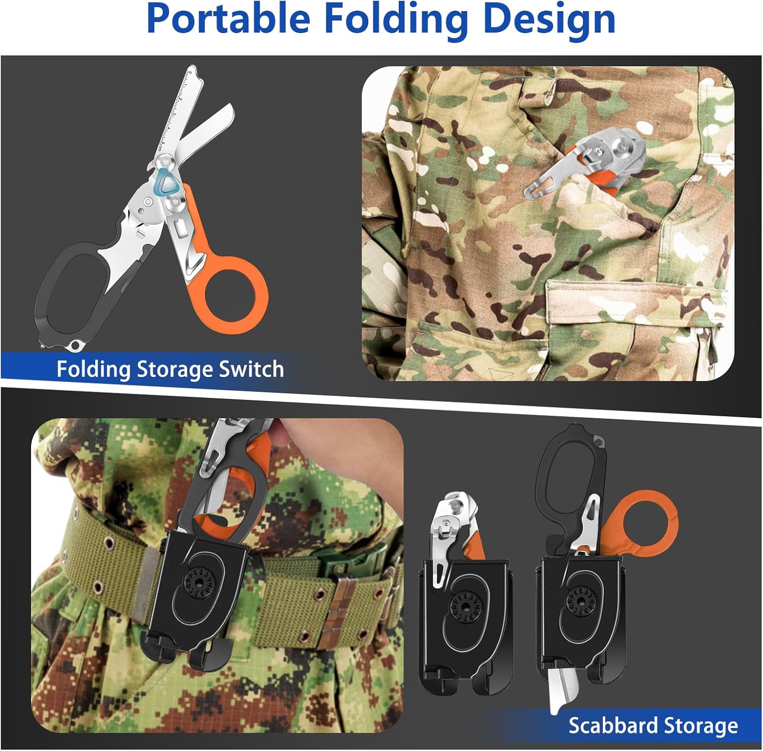 Lenporl 6 In 1 Multi-function Trauma Shears Foldable with Compatible Holster and Penlights,Emergency Trauma Shears with Strap Cutter and Glass Breaker for Outdoor Medical Scissors Tools Black+Orange