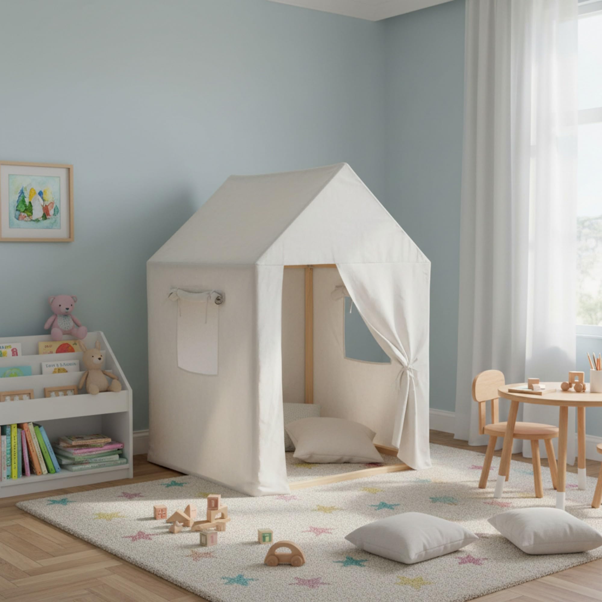 TIENDA EURASIA – Cabaña Infantil | Forma de Casita Diempi | Beige Claro | 77x77x115 cm | Lona de Algodón y Poliéster | Estructura de Madera de Pino | Fácil de Montar y Desmontar | Apta para Lavadora