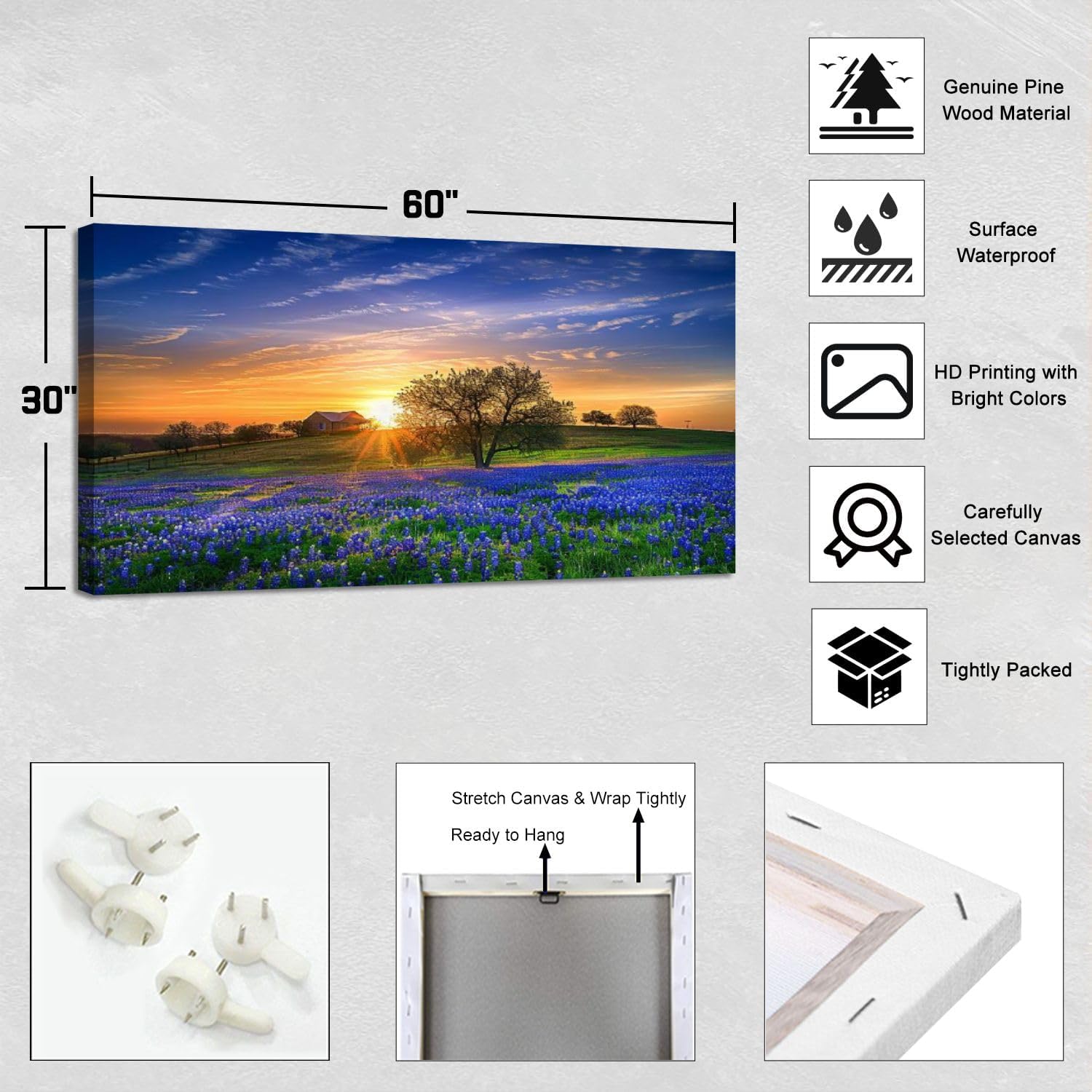 Large Canvas Wall Art Texas bluebonnet field sunrise Canvas Prints Framed Painting Modern Artwork Abstract Stretched Poster Home Decoration Unique Gift 30"x60"