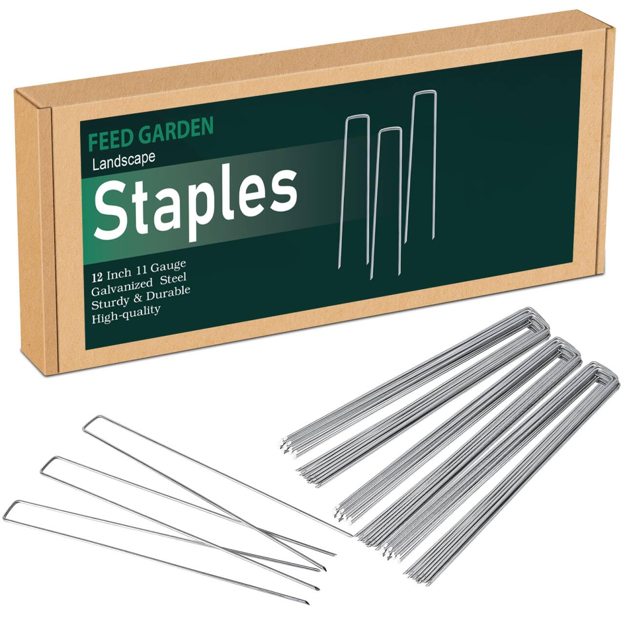 FEED GARDEN 12 Inch 100 Pack Galvanized Landscape Staples 11 Gauge Anti-Rust Garden Stakes Landscaping Fabric SOD Pins Yard Stakes for Weed Barrier
