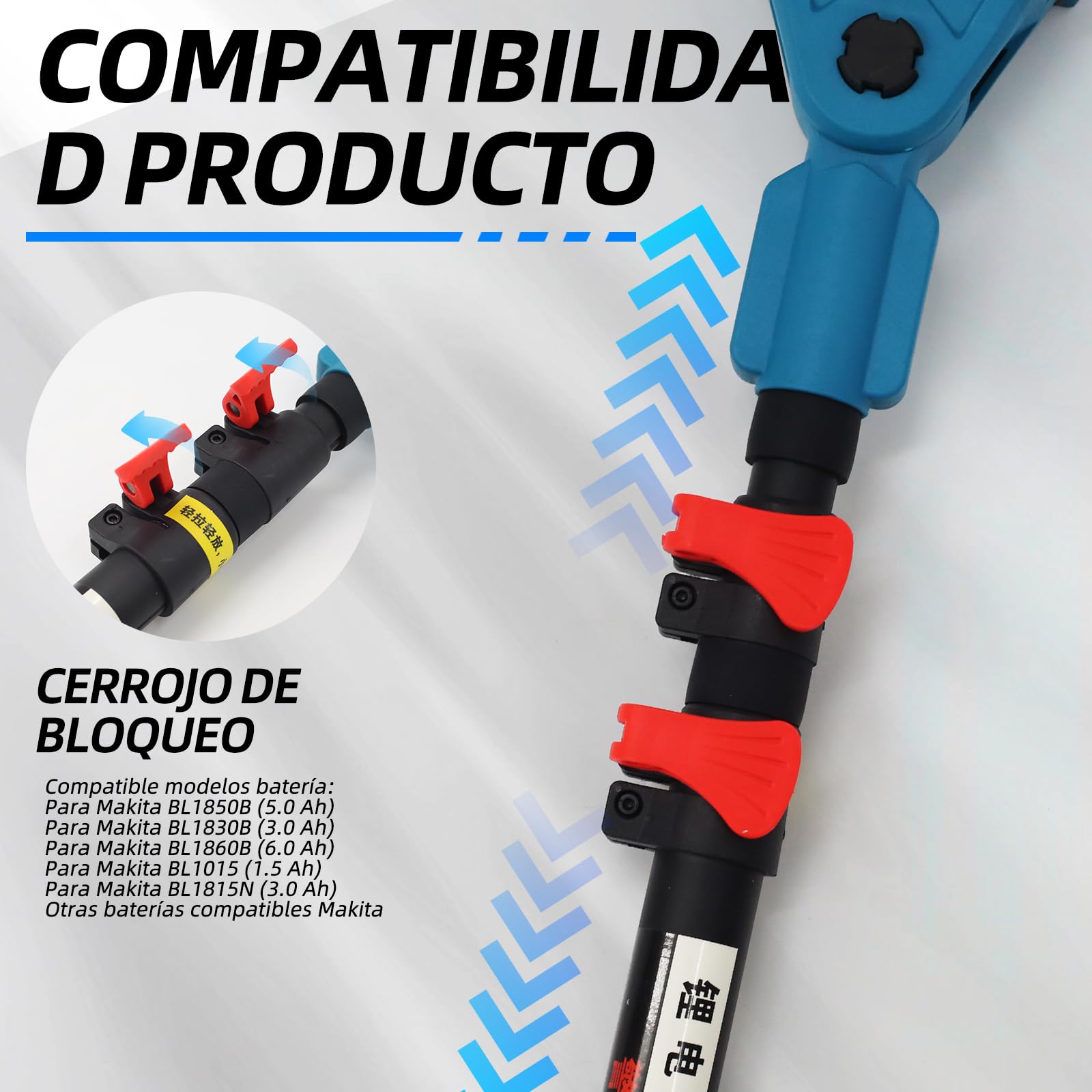 Pértiga telescópica ANEELV para tijeras de podar y sierras eléctricas – Extensible 1,2-2,5 m, cabezal 90°, altura 4,6 m – Compatible con Makita 18V