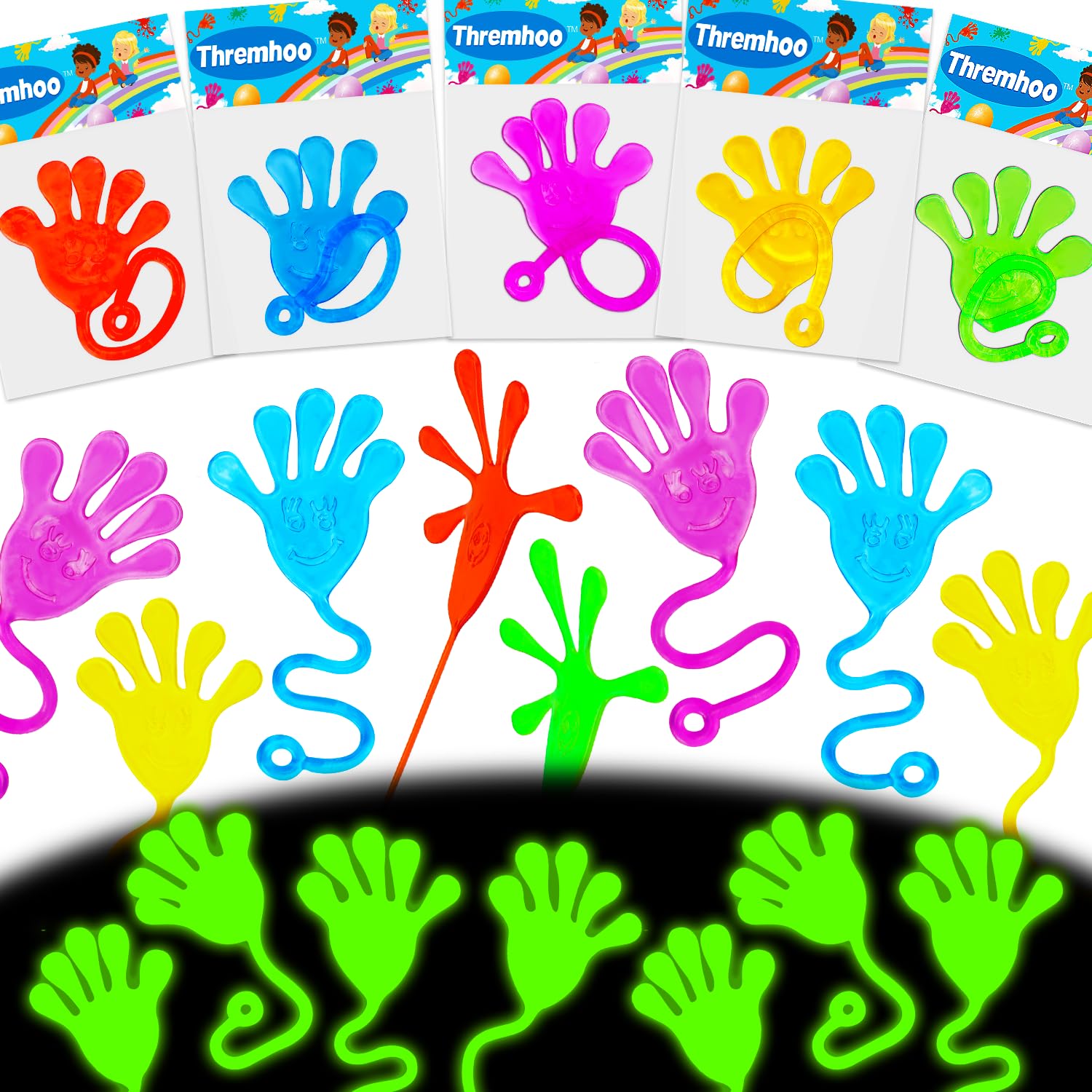 Thremhoo 40Pcs Glow in the Dark Sticky Hands Kids Party Favor Supplies Goodie Bag Stuffer Pinata Return Gift Stretchy Class Prize Carnival Sensory Goody Party Pinata Filler Treasure Box Bulk Toy