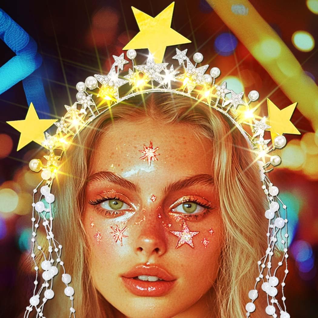 Reaky Light Up Star Halo Crown Led Gold Rhinestone Headpiece Goddess Pearl Headband Carnival Hair Accessories for Women