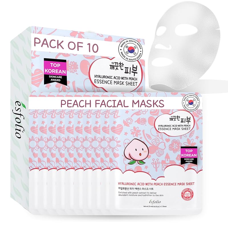 esfolio Máscara Facial em Folha com Ácido Hialurônico e Essência de Pêssego, Pacote com 10