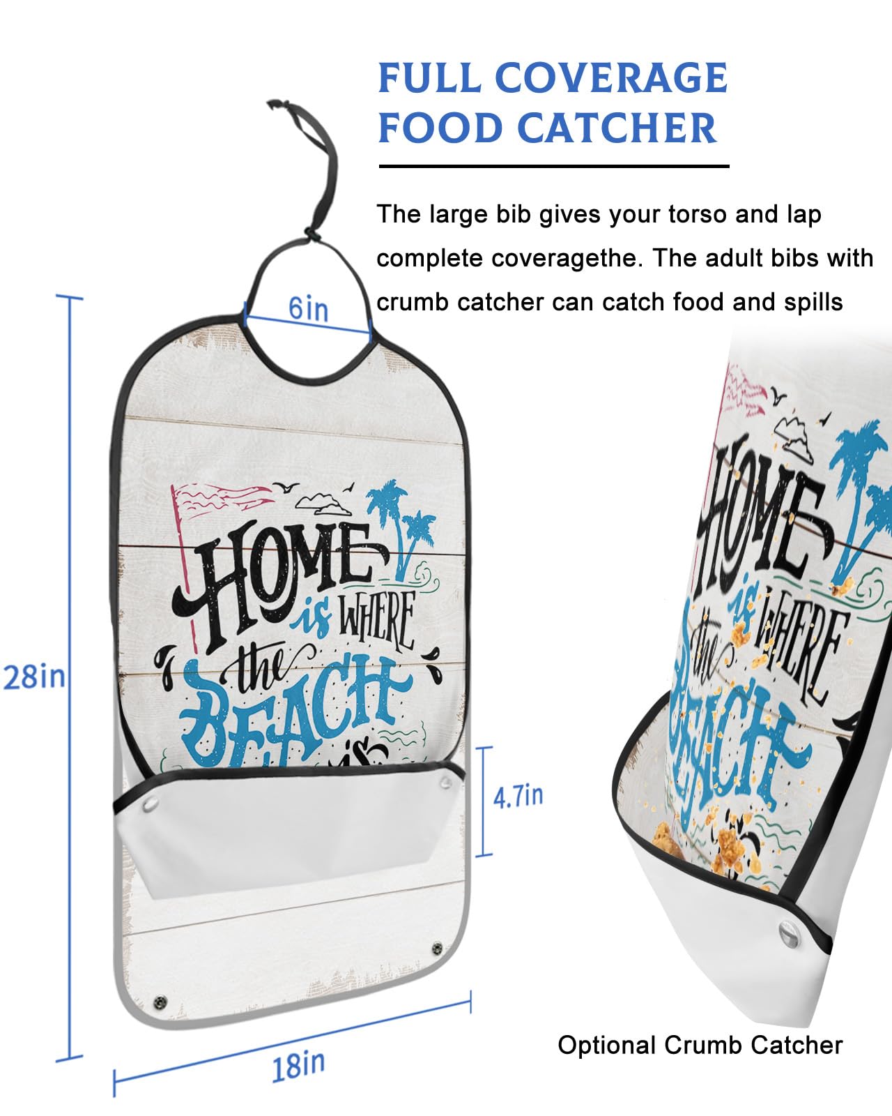 Home is Where The Beach Adult Bibs for Eating, Waterproof Bibs with Food Catcher & Adjustable Snap Closure, Ocean Coastal Starfish Shells Rustic Wood Clothing Protectors Adult Bibs for Elderly