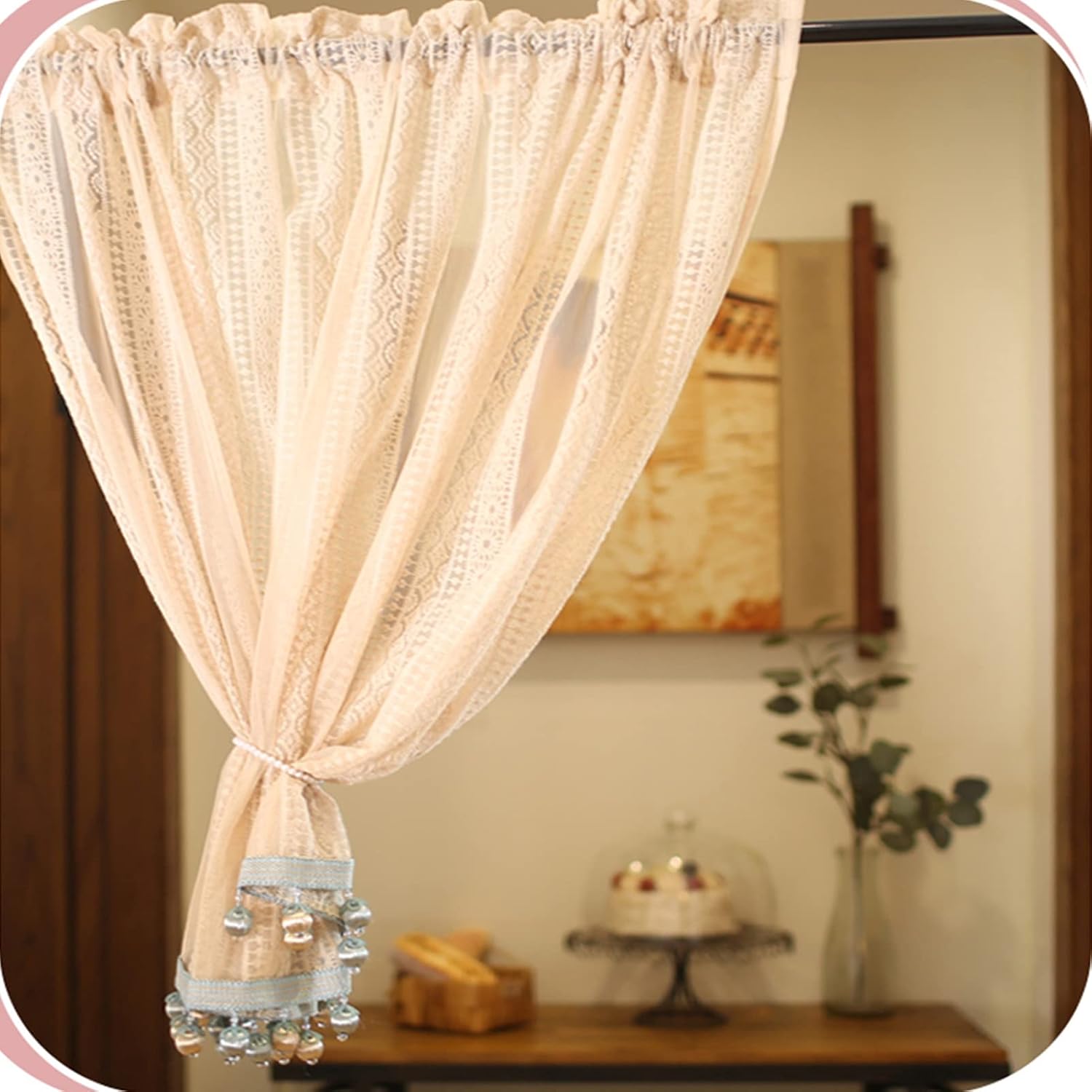 Kitchen Short Curtain, Light pink lace Tier Curtain, Small Window Curtain Valance Panel with fringe, rod pocket, for Decor Cafe, Living room, Bedroom, Bathroom ( Size : W120xH90cm/47.2x35.4in )