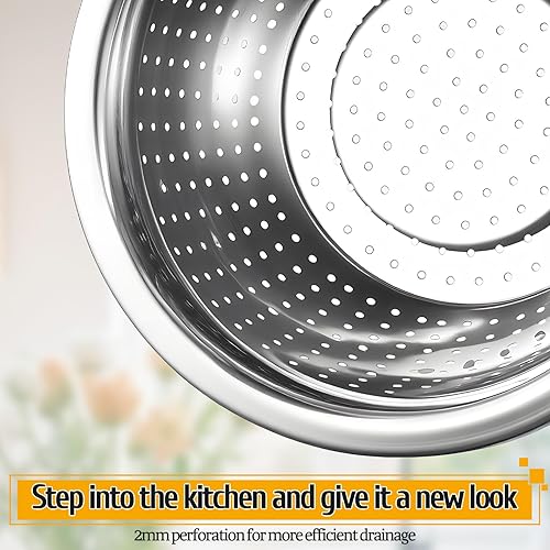 Miniatura 3 de Colador de acero inoxidable 304 de 5 cuartos de galón de gran capacidad con tazón para mezclar, cuenco grande para cocina, colador de arroz para