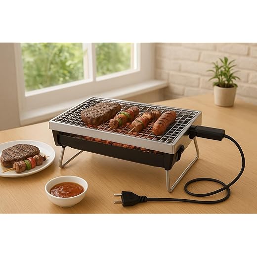 Churrasqueira Elétrica 110v Portátil de Mesa 1600W Sem Fumaça com Grelha Removível e Bandeja Coletora – Ideal para Apartamentos, Áreas Internas, Carnes, Legumes e Churrasco Rápido