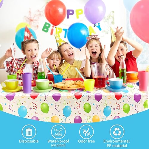 Miniatura 7 de Paquete de 6 manteles de plástico para cumpleaños, manteles desechables de 54 x 108 pulgadas con patrón de globos, colorido e impermeable para
