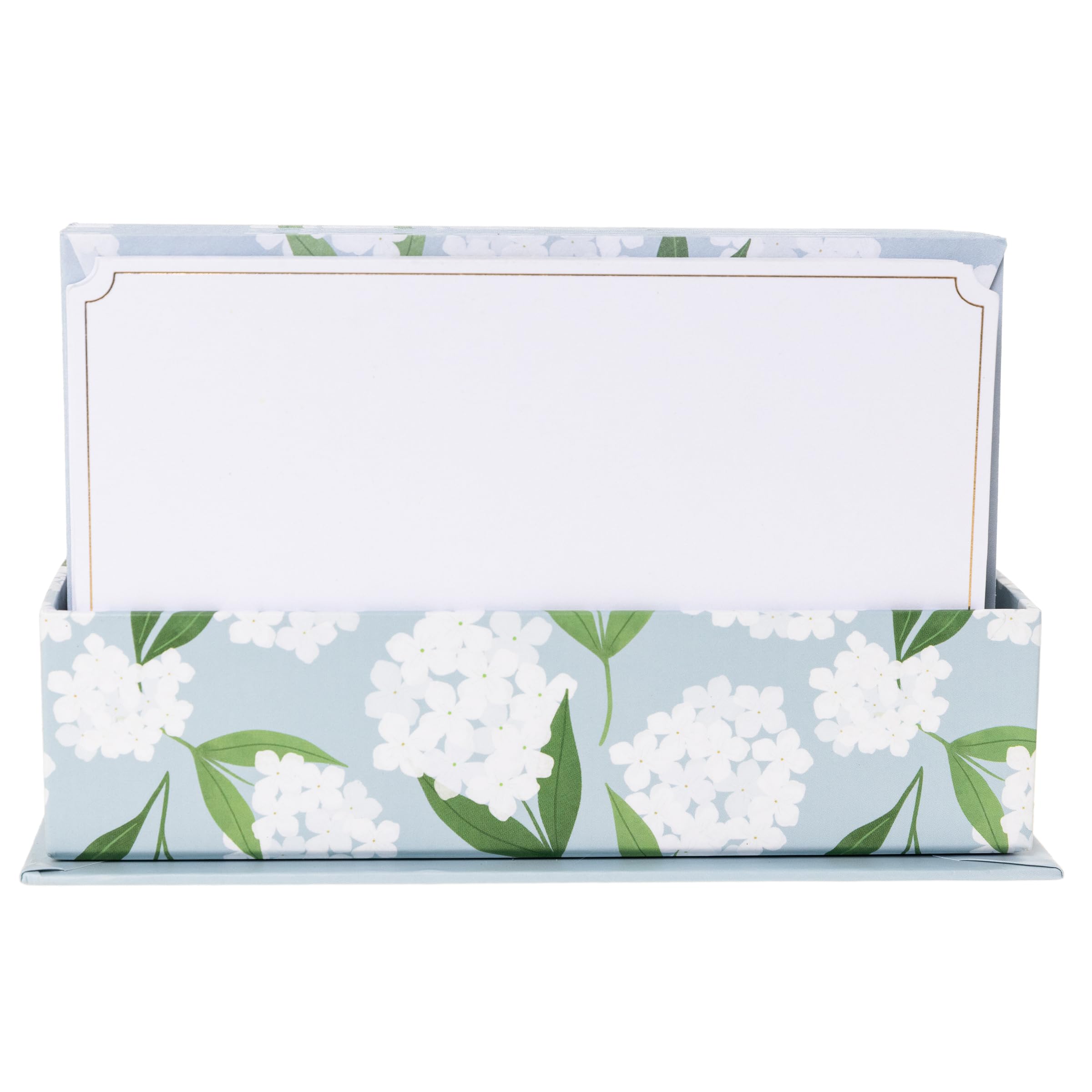 Graphique All Occasion Flat Notes, Pack of 50 Blank Index Cards with Envelopes &amp; Decorative Storage Box, Thick Cardstock Stationery Gift, White Hydrangeas, 5.625” x 3.5”