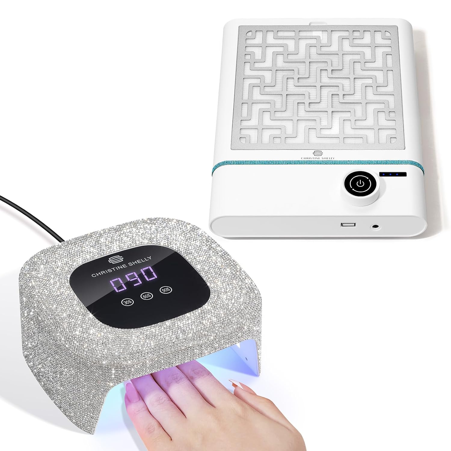 Nail Dust Collector, Bling Diamond Rechargeable 5000RPM Vacuum Nail Tech Fan Extractor &48W UV Light for Nails,Mini UV LED Nail Lamp
