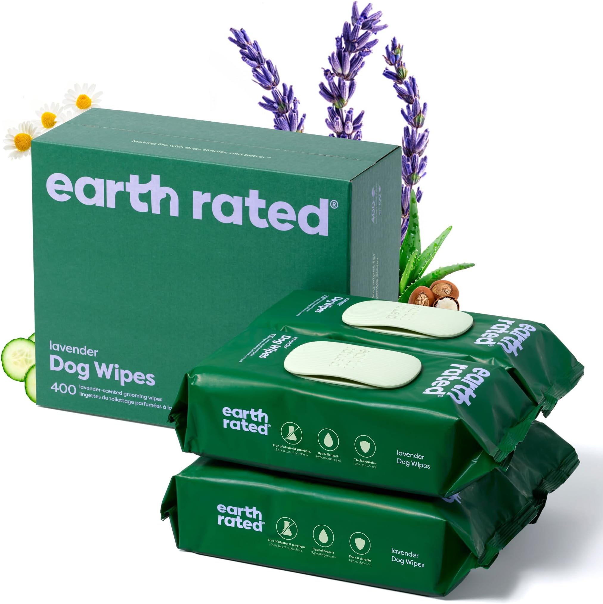 Dog Wipes USDA-Certified 99 Percent Biobased, Hypoallergenic Pet Wipes for Dogs & Cats, Grooming Wipes for Paws, Body and Butt (400-Count, Lavender-Scented)