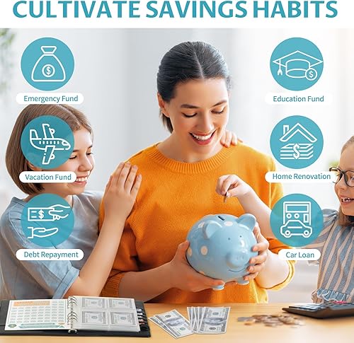 Vista 18 de ONEDONE Carpeta de desafíos de ahorro de dinero de 100 sobres A5 con sobres de efectivo y marcador borrable para ahorrar dinero en efectivo