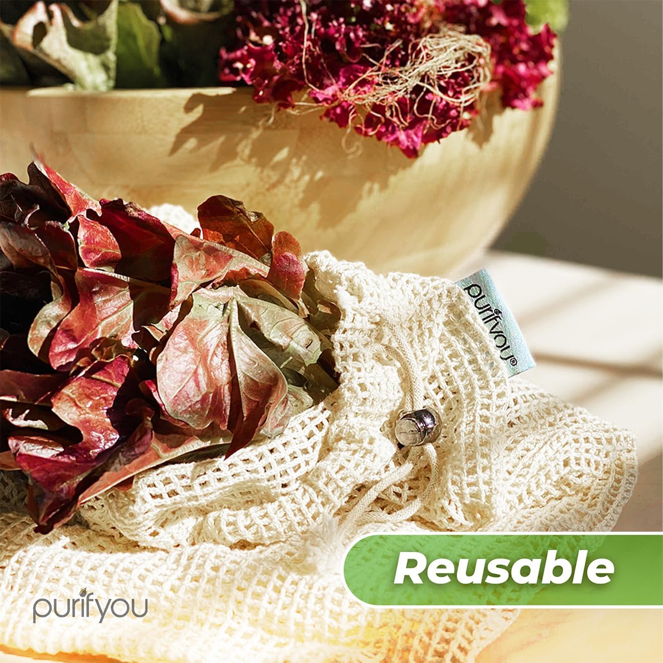purifyou Set of 9 Reusable Organic Cotton Produce Bags – Heavy Duty Double-Stitched Mesh, Unbleached, Drawstring Closure – 2 XL (12x20), 5 L (12x14), 2 S (12x8) image 5