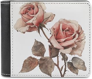 Leather Wallet with Card Slots, Bifold, Extra Capacity, Coin Purse | Rose Clipart Style Money Clip for Women Men, ID Window, Slim Front Pocket Passcase for Travel