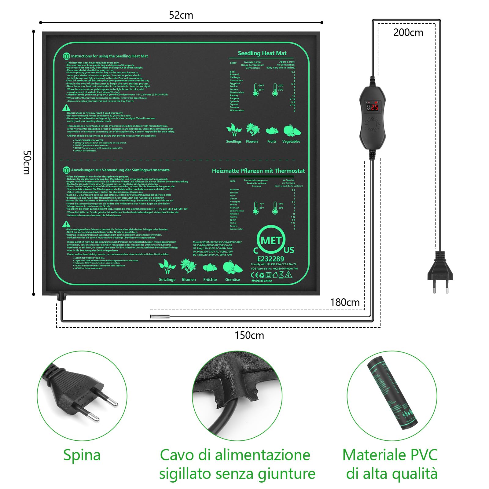 Tappeto Riscaldante 70W con Termostato, 52×50cm Tappetino Riscaldante IPX4 Impermeabile, Filo in Silicone e Cotone Punzonato, Temperatura Regolabile 20-45℃ per Semi, Piante e Rettili