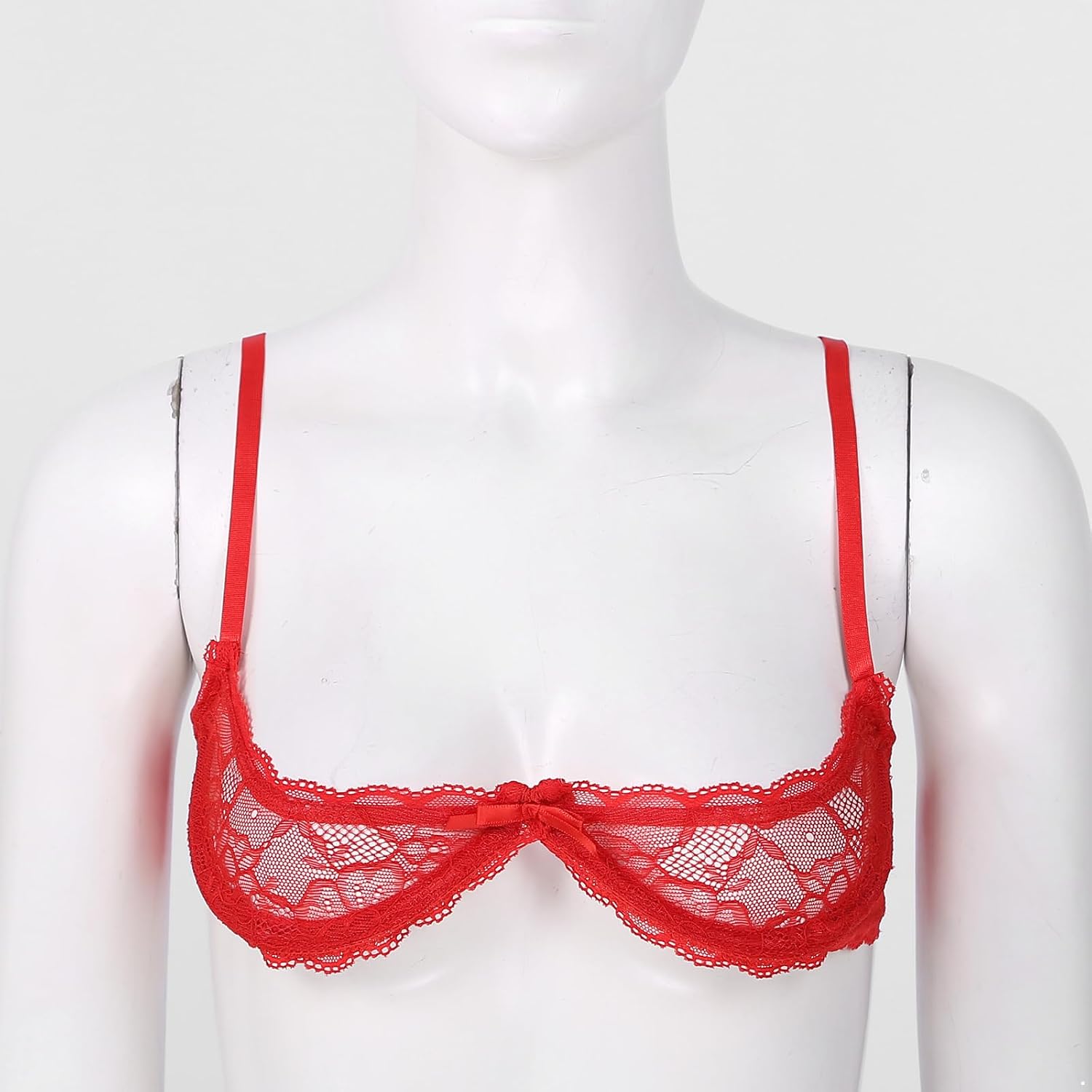 Mufeng Womens See Through Sheer Lace Lingerie Adjustable Spaghetti Straps 1/4 Cups Push Up Underwire Bra Tops