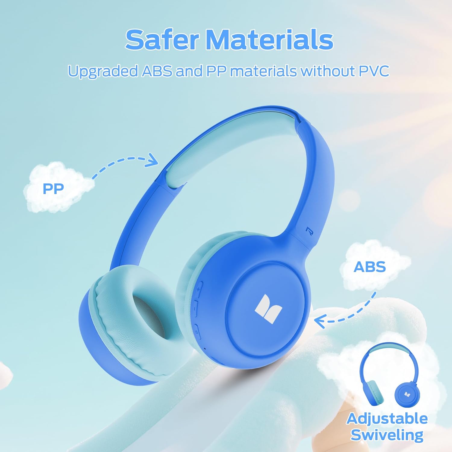 Monster Cute SK100 Kids Bluetooth Headphones, Over Ear Headphone 85/94dB Safe Volume Limited, 60 Hours Playtime, BT6.0 Kids Headsets with Built-in Mic, Lightweight Wireless Headphones for Travel, Blue
