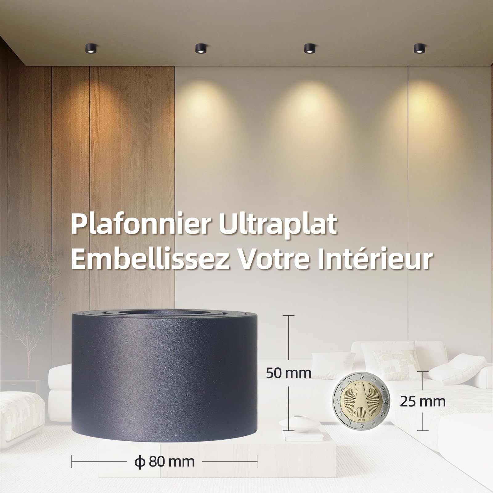 Spots LED Orientables 30° 5W 520LM 3 Couleurs IP65 Étanche Plafonnier Salle de Bain 230V IRC90+ Ø80x50mm