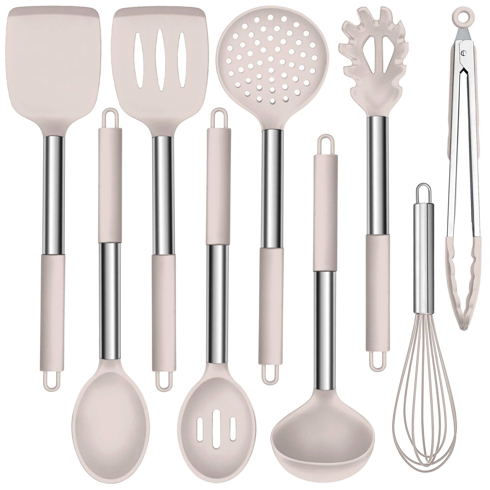 Ustensiles de cuisine en silicone kaki HaWare lot de 9 avec manche inox