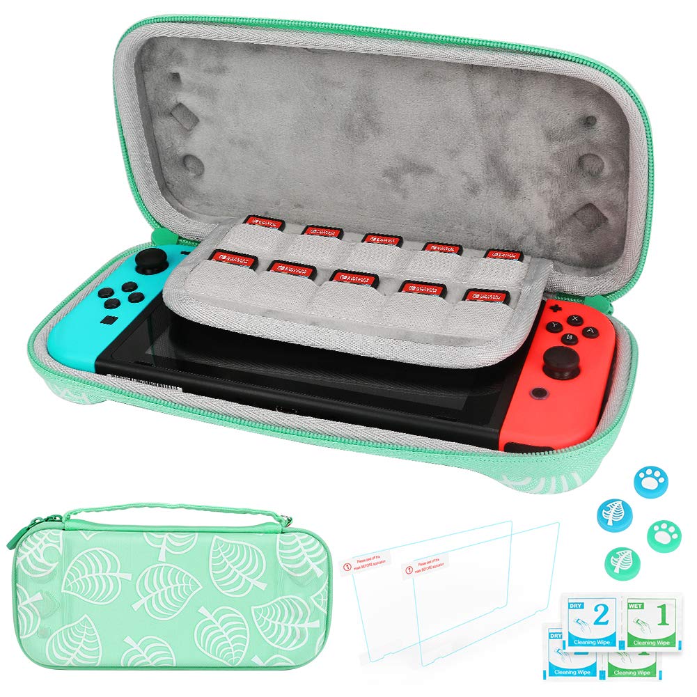 Carrying Case for Nintendo Switch, Allnice Portable Carry Case New Horizons Leaf Crossing Hard Shell Pouch with Handle, 2 Screen Protector & 4 Thumb Grip Caps Include, Nintendo Switch Accessories