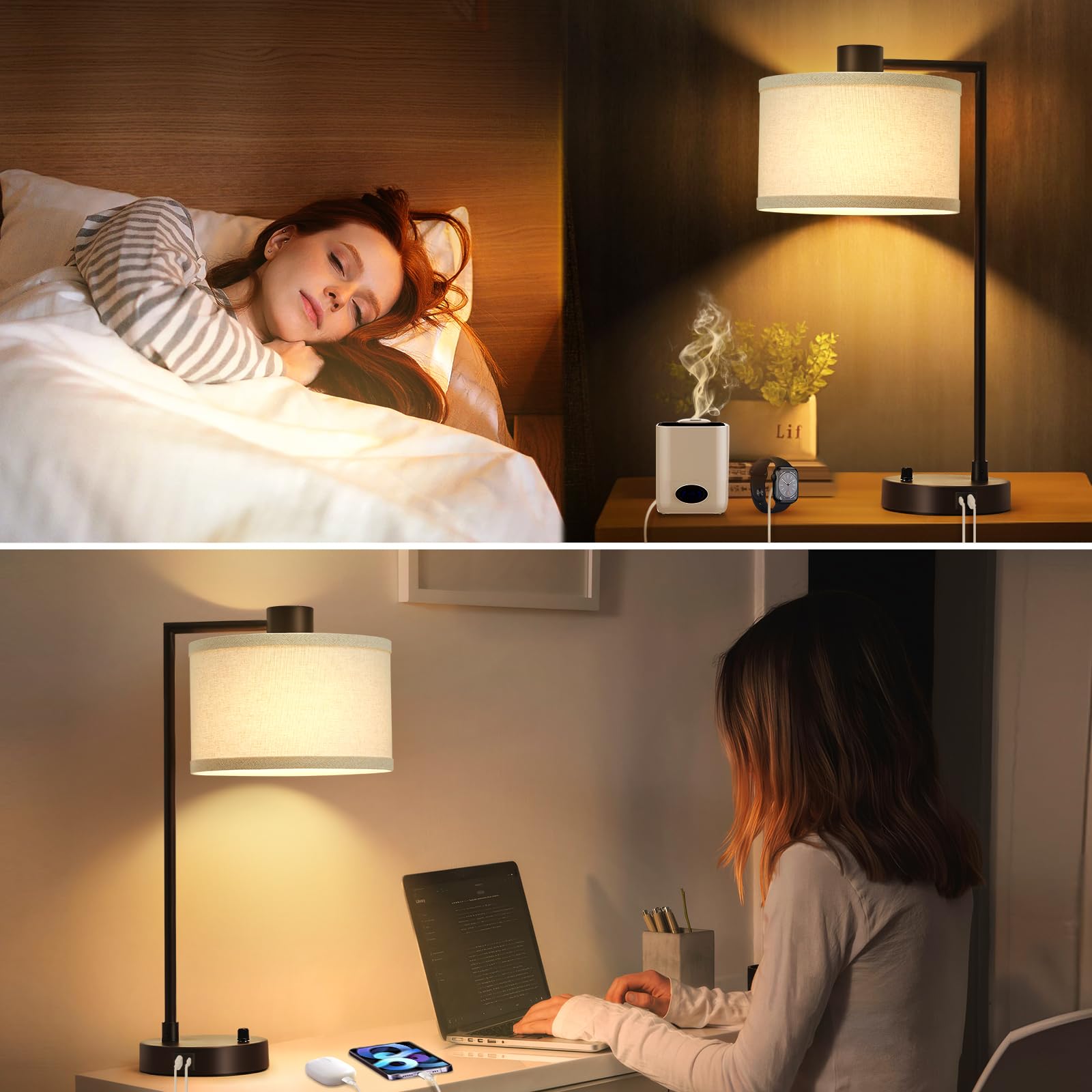 Luvkczc Tischlampe für Schlafzimmer 2er Set mit USB C+A Anschlüssen - Voll Stufenlos Dimmbar Nachttischlampe mit Leinenlampenschirm - Moderne Lampe für Wohnzimmer Lesen Büro 2 Glühbirnen enthalten