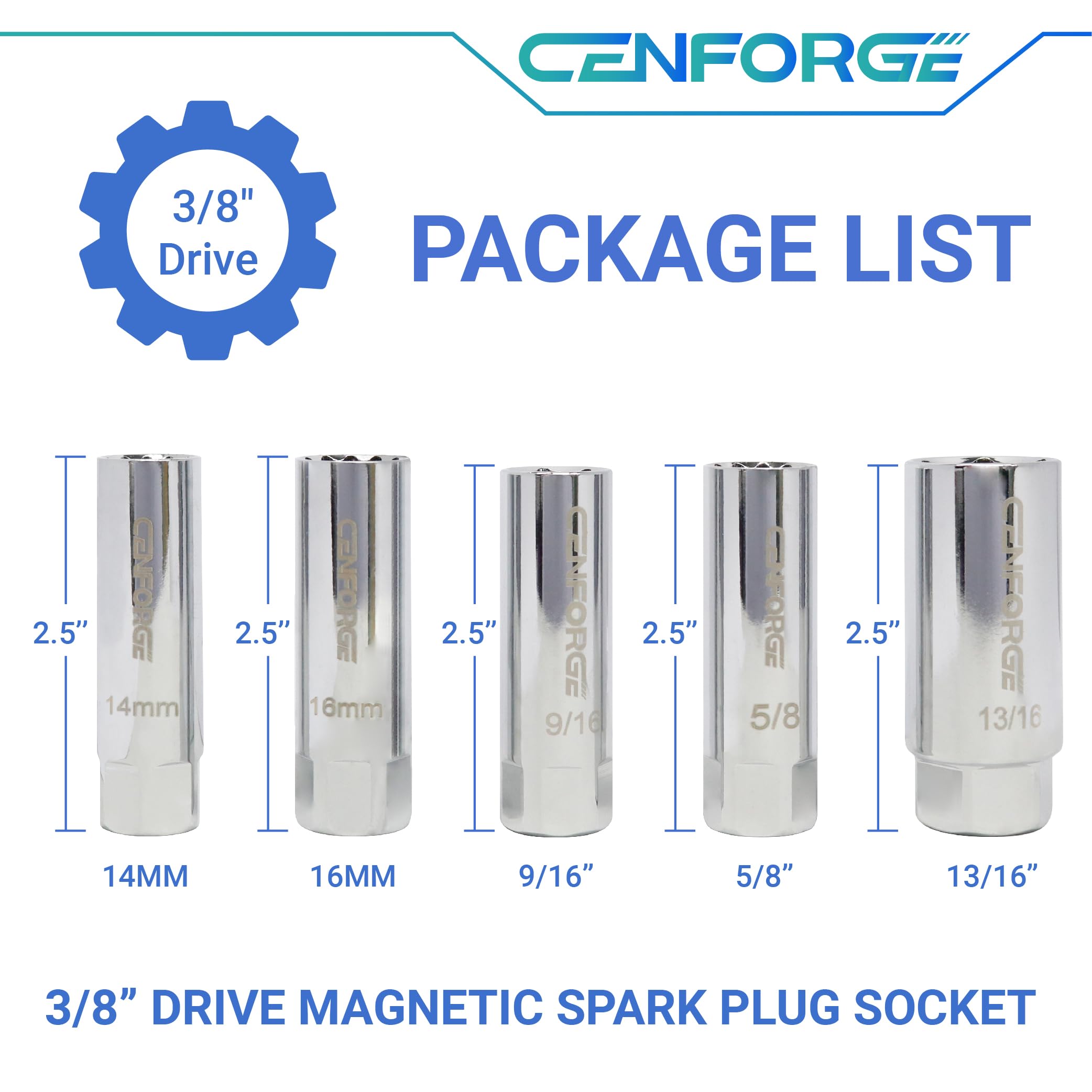 CENFORGE Cenfoge 5-PC Magnetic Spark Plug Socket Set, Includes 14mm, 16mm, 9/16