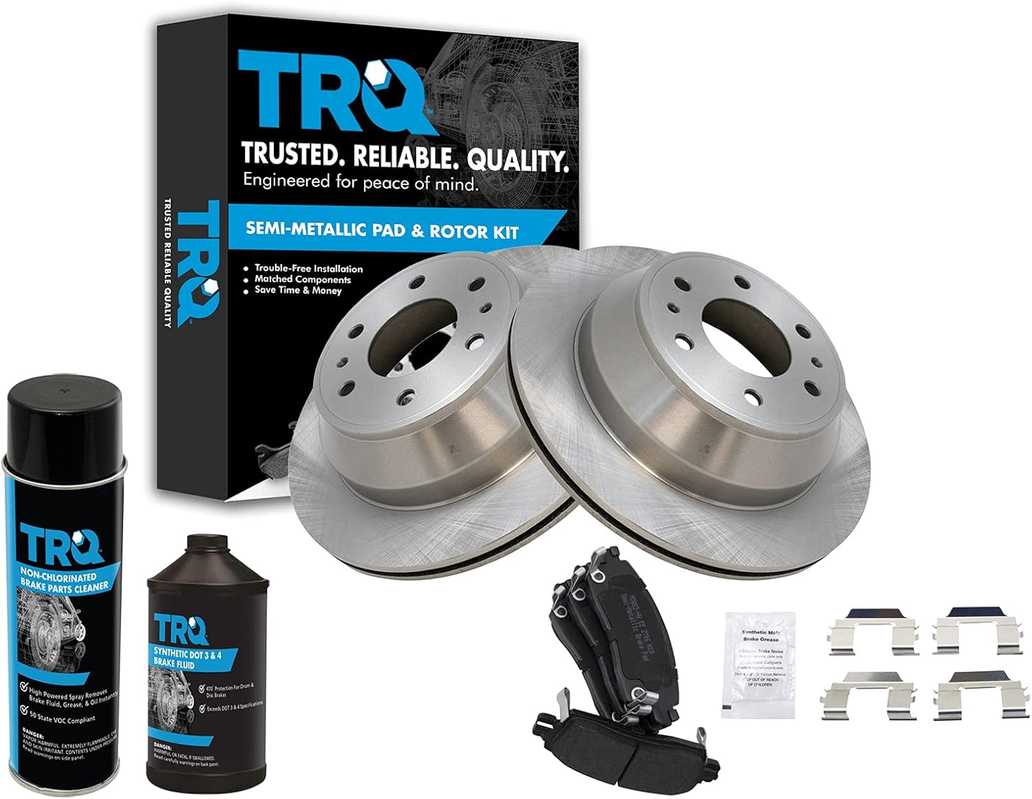 TRQ Rear Disc Brake Rotor & Metallic Brake Pad with Brake Fluid & Cleaner Kit Set Compatible with Saab Isuzu Oldsmobile GMC Buick Chevrolet