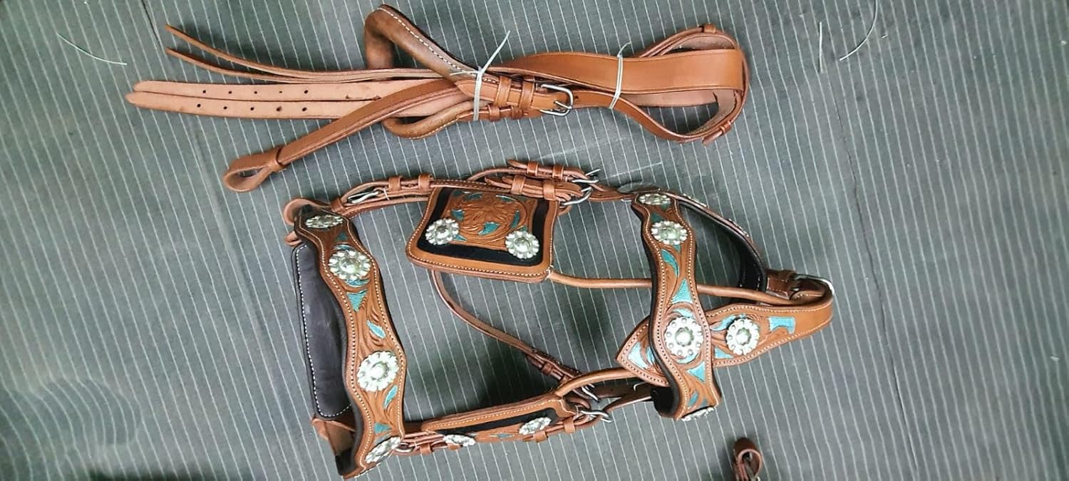 Leather Driving Harness for Single Horse Cart Includes Bridle, Reins, Traces, Breast Pad, Neck pad, Crupper and Breeching Stainless Steel Hardware (Pony, Brown)