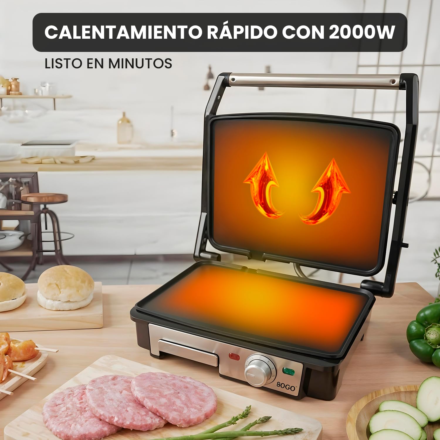 SOGO Grill y Sandwichera profesional de bajo consumo 2000W con Placas Lisas Antiadherentes y Apertura 180° - Plancha Eléctrica Multiuso para Paninis, Carnes y Pescados