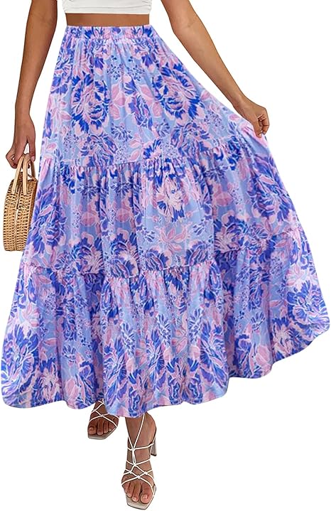 ZESICA Women's 2023 Summer Plaid Elastic High Waist Flowy A Line Maxi Skirt with Pockets